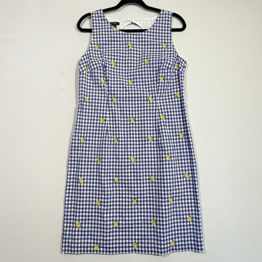 Talbots Womens 8P NWT Blue Gingham Lemon Embroidered Sheath Dress Cottagecore
